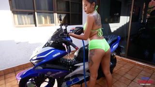 Asian woman washes Yamaha bike xxx video