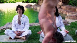 Tattooed nude meditation by pool porn video